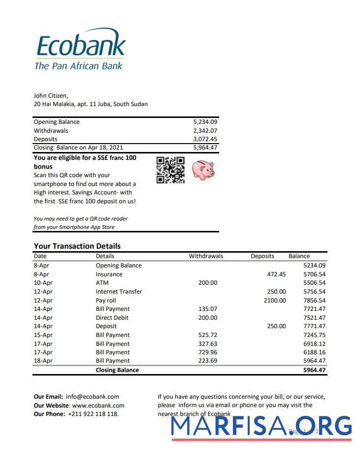 Realistic South Sudan Ecobank bank statement excel example